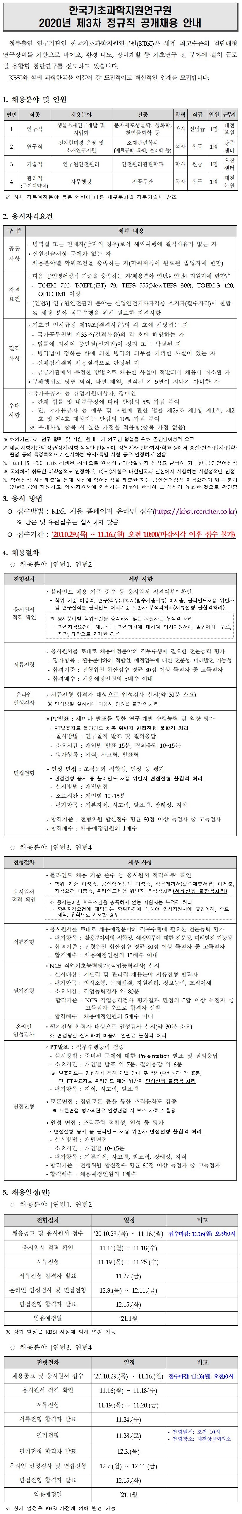 한국기초과학지원연구원 2020년 제3차 정규직 공개채용 - 자세한 내용은 첨부파일 붙임1_2020년 제3차 정규직 공개채용 공고문.pdf를 다운받아 확인해 주세요.