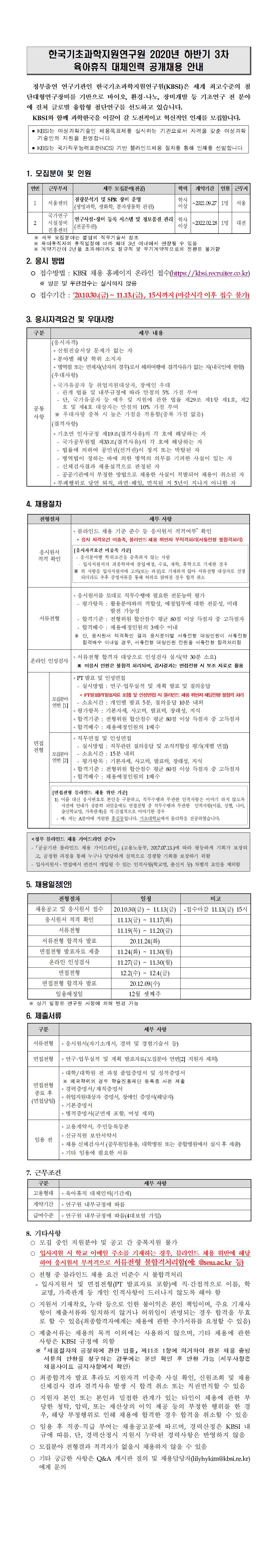 2020년 하반기 3차 육아휴직 대체인력 공개채용 안내 - 자세한 내용은 첨부파일 붙임1_2020년 하반기 3차 육아휴직 대체인력 공개채용 안내.pdf 를 다운받아 확인해 주세요.