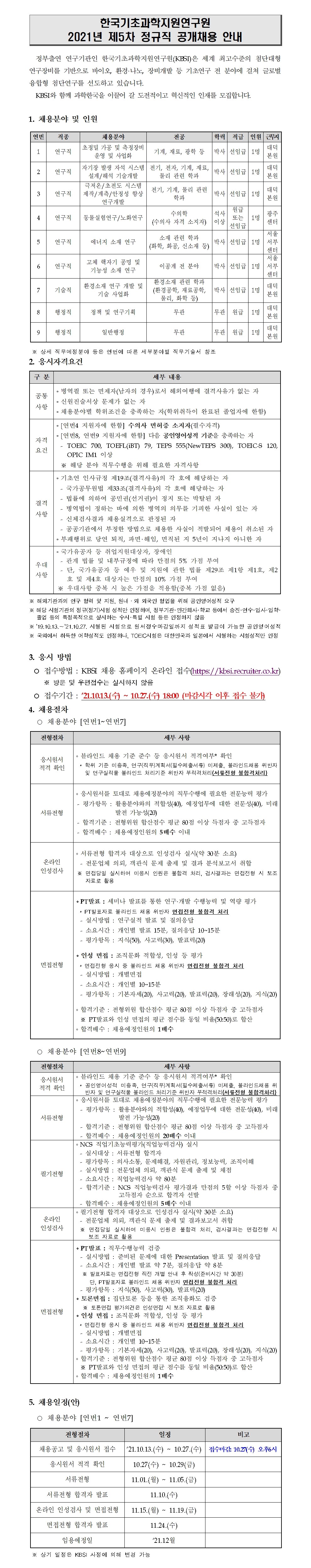 자세한 내용은 첨부파일 한국기초과학지원연구원 2021년 제5차 정규직 공개채용 공고문.pdf 을 확인하세요.