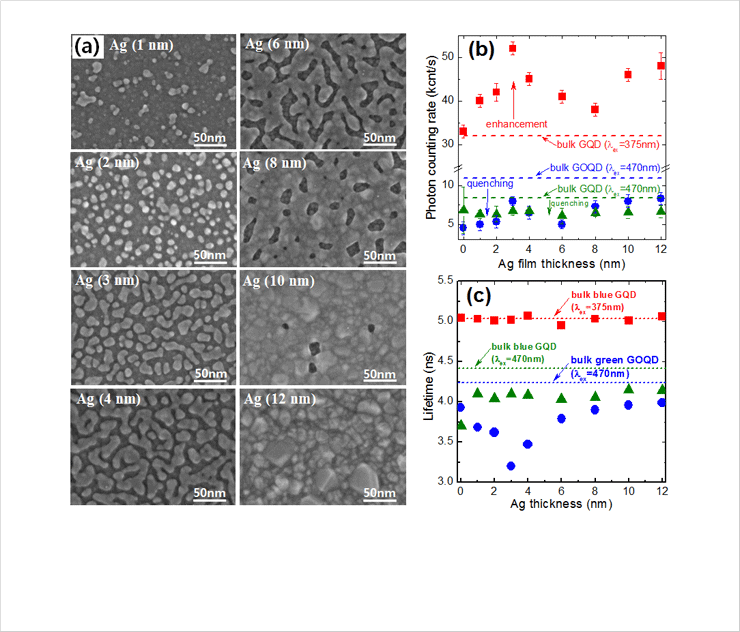 [Fig. 2] (a) SEM images of the Ag nanofilms grown by the reactive sputtering process on ZnO substrates, (b) Fluorescence photon counting rates of the GQD (square) and GOQD (circle) near Ag nanofilms. The dotted lines indicate the photon counting rates of the bulk GQD and bulk GOQD solutions as control references. (c) Fluorescence lifetimes of the GQD (square) and GOQD (circle) near Ag nanofilms on ZnO-coated Si substrates.