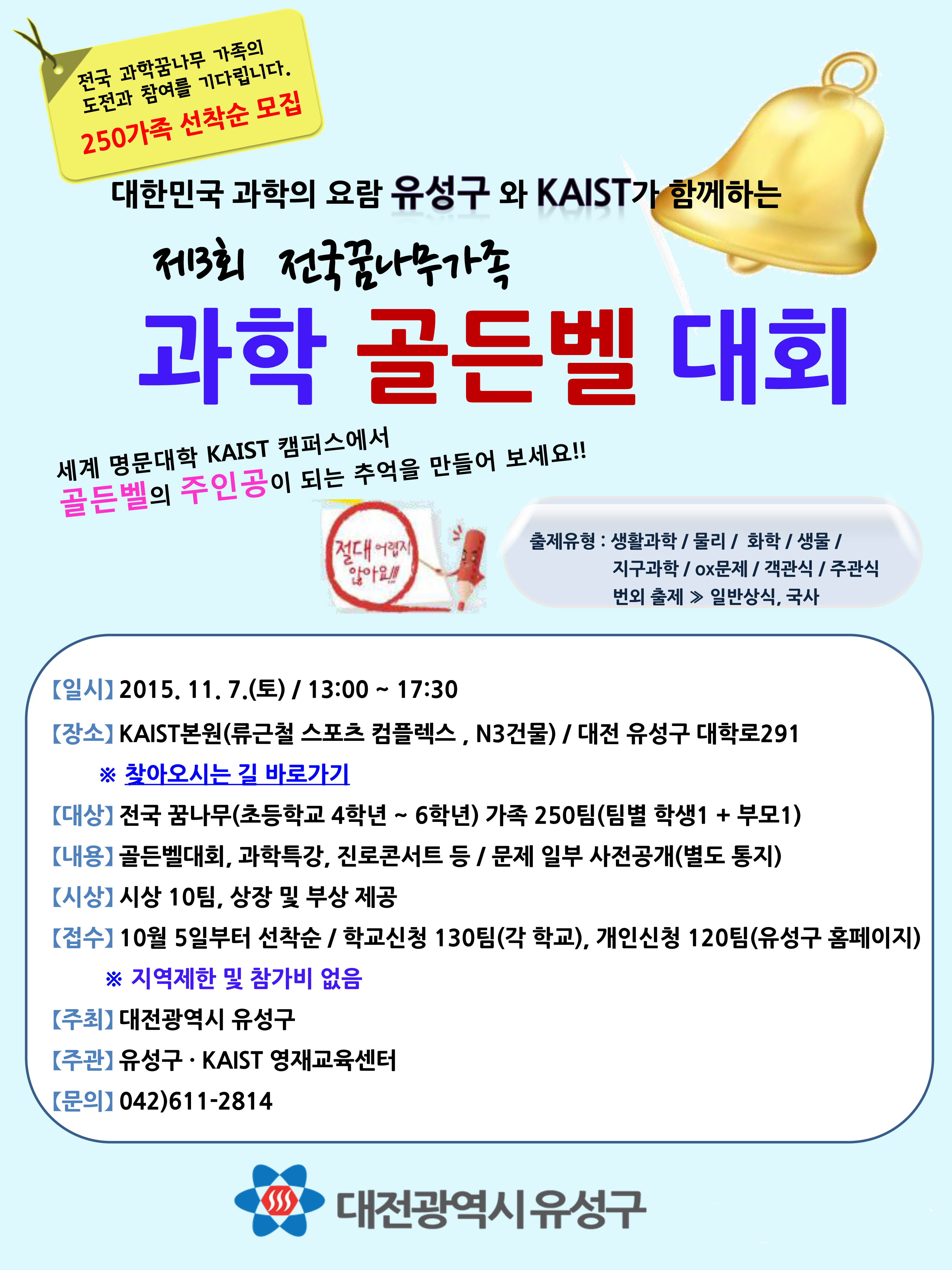 대한민국 과학의 요람 유성구와 KAIST가 함께하는 제 3회 전국꿈나무 가족 과학 골든벨 대회 세계 명문대학 KAIST 캠퍼스에서 골든벨의 주인공이 되는 추억을 만들어 보세요!! 출제유형:생활과학, 물리, 화학,생물, 지구과학, OX문제, 객관식, 주관식, 번회출제: 일반상식, 국사 일시: 2015.11.7.(토) 13:00~ 17:30 장소:KAIST 본원(류근철스포츠 컴플렉스, N3건물), 대전 유성구 대학로 291 ※ 찾아오시는 길 바로가기 대상: 전국 꿈나무(초등학교 4학년~6학년) 가족 250팀 (팀별 학생 1 + 부모1) 내용: 골든벨대회, 과학특강, 진로콘서트 등, 문제 일부 사전공개(별도 통지) 시상: 시상 10팀, 상장 및 부상 제공, 접수: 10월 5일부터 선착순/학교신청 130팀(각 학교), 개인신청 120팀 (유성구 홈페이지) 지역제한 및 참가비 없음 주최: 대전광역시 유성구 주관: 유성구, 카이스트 영재교육센터, 문의: 042-611-2814