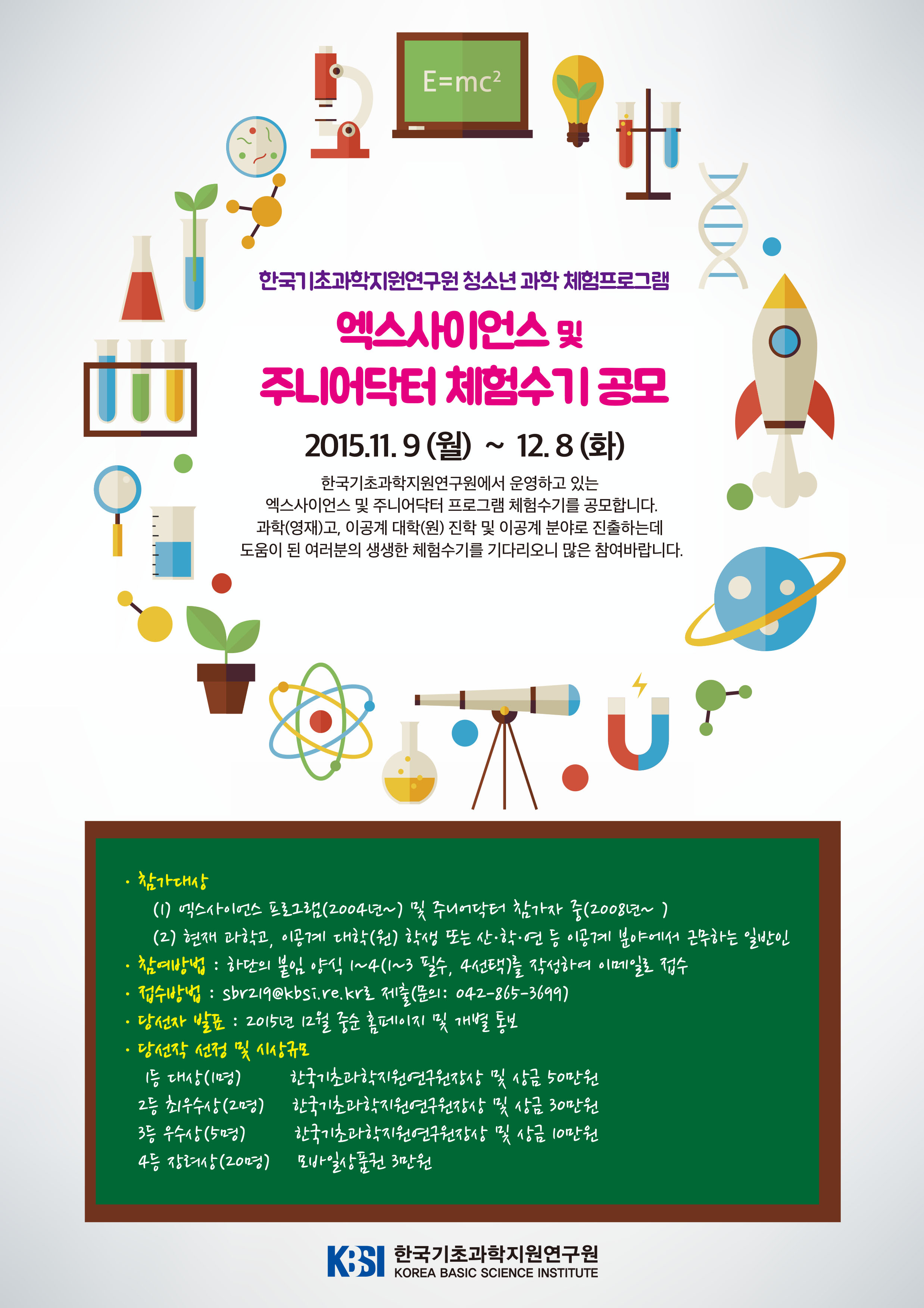 한국기초과학지원연구원 청소년 과학 체험프로그램, 엑스사이언스 및 주니어닥터 체험수기 공모 한2015.11.9(월)~ 12.8(화) 한국기초과학지원연구원에서 운영하고 있는 엑스사이언스 및 주니어닥터 프로그램 체험수기를 공모합니다. 과학(영재)고, 이공계 대학(원)진학 및 이공계 분야로 진출하는 데 도움이 된 여러분의 생생한 체험수기를 기다리오니 많은 참여바랍니다. 참가대상(1)엑스사이언스 프로그램(2004년~)및 주니어닥터 참가자 중(2008년~) (2) 현재과학고, 이공계 대학(원) 학생 또는 산학연 등 이공계 분야에서 근무하는 일반인 참여방법: 하단의 붙임 양식 1~4(1~3필수, 4선택)를 작성하여 이메일로 젒 접수방법: sbr219@kbsi.re.kr로 제출(문의: 042-865-3699)당선자 발표: 2015년 12월 중순 홈페이지 및 개별 통보 당선작 선정 및 시상규모 1등 대상(1명) 한국기초과학지원연구원장상 및 상금 50만원 2등 최우수상(2명) 한국기초과학지원연구원장상 및 상금 30만원 3등 우수상(5명)한국기초과학지원연구원장상 및 상금 10만원 4등 장려상(20명) 모바일상품권 3만원