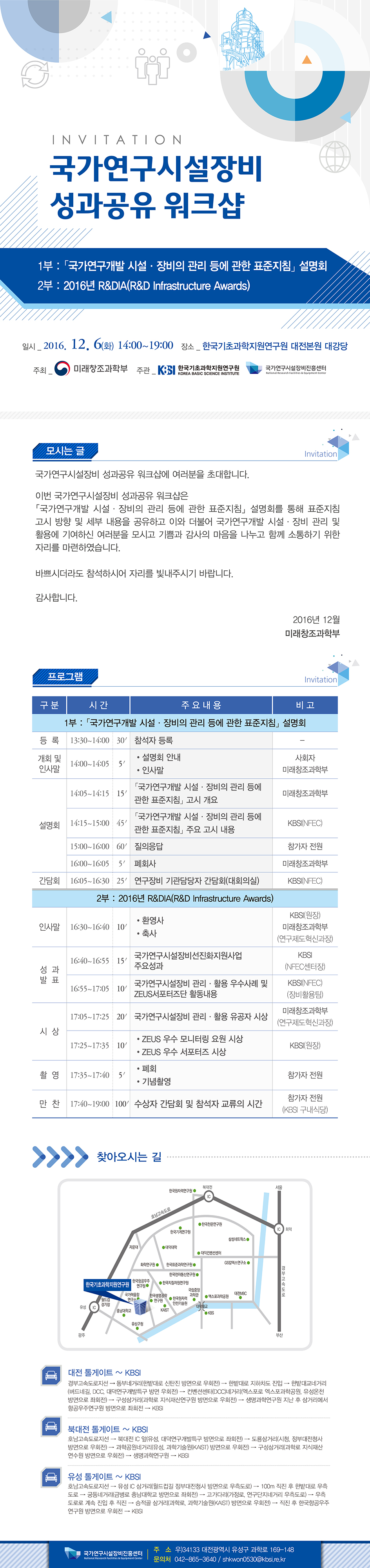 국가연구시설장비 성과공유 워크샵 1부:「국가연구개발 시설 · 장비의 관리 등에 관한 표준 지침」설명회 2부: 2016년 R&DIA(R&D Infrastructure Awards) 일시:2016.12.6(화) 14:00~19:00 장소:한국기초과학지원연구원 대전본원 대강당 주최:미래창조과학부 주관:한국기초과학지원연구원, 국가연구시설장비진흥센터 모시는 글 국가연구시설장비 성과공유 워크샵에 여러분을 초대합니다. 이번 국가연구시설장비 성과공유 워크샵은 국가연구개발 시설·장비 관리 등에 관한 표준지침 고시 방향 및 세부 내용을 공유하고 이와 더불어 국가연구개발 시설 · 장비 관리 및 활용에 기여하신 여러분을 모시고 기쁨과 감사의 마음을 나누고 함께 소통하기 위한 자리를 마련하였습니다. 바쁘시더라도 참석하시어 자리를 빛내주시기 바랍니다. 감사합니다. 2016년 미래창조과학부 프로그램 1부: 「국가연구개발 시설 장비의 관리등에 관한 표준지침」 설명회 [구분]등록 [시간]13:30~14:00 30' [주요내용]참석자등록 [구분]개회 및 인사말 [시간]14:00~14:05 5'[주요내용]설명회안내,인사말[비고]사회자미래창조과학부 [구분]설명회[시간]14:05~14:15 15' [주요내용]「국가연구개발 시설 · 장비의 관리 등에 관한 표준지침 」고시 개요 [비고]미래창조과학부[시간]14:15~15:00 45' [주요내용]「국가연구개발 시설·장비등에 관한 표준지침 」주요 고시내용[비고]KBSI(NFEC)[시간]15:00~16:00 60' [주요내용]질의응답 [비고]참가자 전원 [구분]간담회[시간]16:00~16:05 5' [주요내용]폐회사[비고]미래창조과학부[시간]16:05~16:30 25' [주요내용]연구장비 기관담당자 간담회 [비고]KBSI(NFEC) 2부: 2016년 R&DIA(R&D infrastructure Awards) [구분]인사말[시간]16:30~16:40 10' [주요내용]환영사, 축사[비고]KBSI(원장),미래창조과학부(연구제도혁신과장)[구분]성과발표[시간]16:40~16:55 15' [주요내용]국가연구시설장비선진화지원사업 주요성과 [비고]KBSI(NFEC센터장)[시간]16:55~17:05 10' [주요내용]국가연구시설장비 관리· 활용 우수사례 및 ZEUS서포터즈단 활동내용[비고]KBSI(NFEC)(장비활용팀)[구분]시상[시간]17:05~17:25 20'0 [주요내용]국가연구시설장비 관리· 활용 유공자 시상  [비고]미래창조과학부(연구제도혁신과장) [시간]17:25~17:35 10' [주요내용]ZEUS 우수 모니터링 요원 시상, ZEUS 우수 서포터즈 시상 [비고]KBSI(원장) [구분]촬영[시간]17:35~17:40 5' [주요내용]폐회,기념촬영 [비고]참가자 전원 [구분]만찬[시간]17:40~19:00 100' [주요내용]수상자 간담회 및 참석자 교류의 시간 [비고]참가자 전원(KBSI 구내식당) 찾아오시는 길 대전 톨게이트~KBSI 경부고속도로지선 → 동부네거리(한밭대로 신탄진 방면으로 우회전) → 한밭대로 지하차도 진입 → 한밭대교네거리(버드네길, DCC, 대덕연구개발특구 방면 우회전) →컨벤션센터(DCC)네거리(엑스포로 엑스포과학공원, 유성온천 방면으로 좌회전)→구성삼거리(과학로 지식재산연구원 방면으로 우회전) → 생명과학연구원 지난 후 삼거리에서 항공우주연구원 방면으로 좌회전 → KBSI 북대전 톨게이트~KBSI 호남고속도로지선 →북대전 IC 앞(유성, 대덕연구개발특구 방면으로 좌회전) → 도룡삼거리(시청, 정부대전청사 방면으로 우회전) → 과학공원네거리(유성, 과학기술원(KAIST) 방면으로 우회전)→구성삼거리(과학로 지식재산 연수원 방면으로 우회전) →생명과학연구원 → KBSI 유성톨게이트~KBSI 호남고속도로지선 → 유성 IC 삼거리(월드컵길 정부청사방면으로 우측도로 → 100M 직진 후 한밭대로 우측도로 → 궁동네거리(금병로 충남대학교 방면으로 좌회전) →고가다리(가정로, 연구단지네거리 우측도로) → 우측도로로 계속 진입 후 직진 → 승적골 삼거리(과학로, 과학기술원(KAIST) 방면으로 우회전) → 직진 후 한국항공우주연구원 방면으로 우회전 →KBSI) 국가연구시설장비진흥센터 주소 우)34133 대전광역시 유성구 과학로 169-148 문의처 042-865-3640 / shkwon 0530@kbsi.re.kr