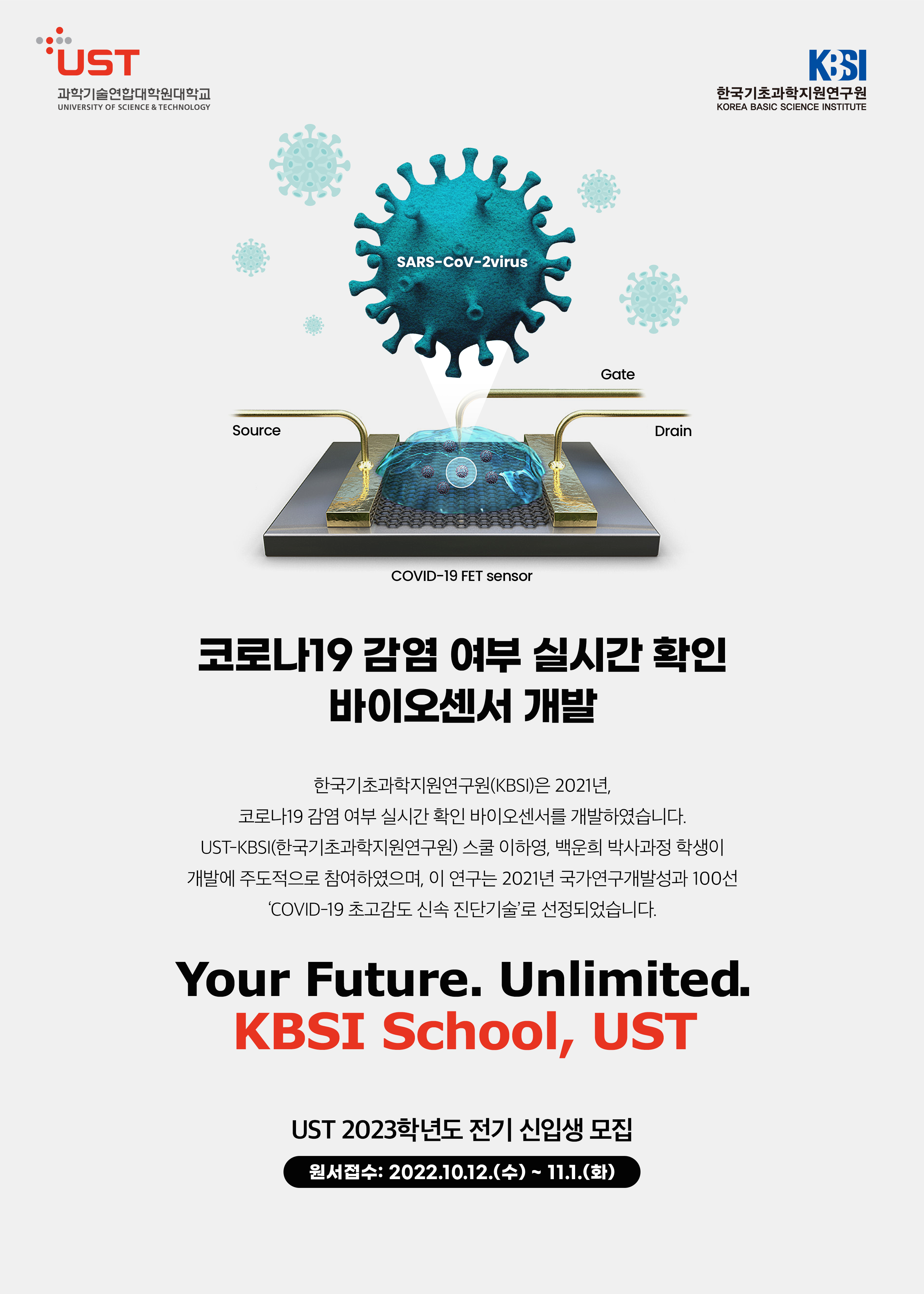 UST 과학기술연합대학원 대학교 UNIVERSITY OF SCIENCE & TECHNOLOGY / KBSI 한국기초과학지원연구원 KOREA BASIC SCIENCE INSTITUTE SARS-CoV-2virus Source Gate Drain COVID-19 FET sensor 코로나19 감염 여부 실시간 확인 바이오센서 개발 한국기초과학지원연구원(KBSI)은 2021년, 코로나19 감염 여부 실시간 확인 바이오센서를 개발하였습니다. UST-KBSI(한국기초과학지원연구원) 스쿨 이하영, 백운희 박사과정 학생이 개발에 주도적으로 참여하였으며, 이 연구는 2021년 국가연구개발성과 100선 'COVID-19 초고감도 신속 진단기술'로 선정되었습니다. Your Future, Unlimited. KBSI School, UST UST 2023학년도 전기 신입생 모집 / 원서접수: 2022.10.12.(수) ~ 11.1. (화)