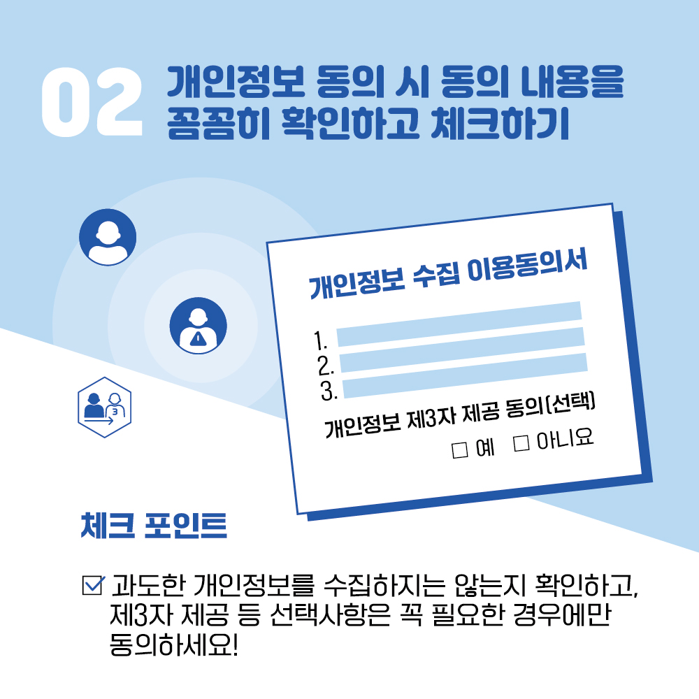 02 개인정보 동의 시 동의 내용을 꼼꼼히 확인하고 체크하기 개인정보 수집 이용동의서 1. 2. 3. 개인정보 제3자 제공 동의(선택) 예 아니오 체크 포인트 과도한 개인정보를 수집하지는 않는지 확인하고, 제3자 제공 등 선택사항은 꼭 필요한 경우에만 동의하세요! /></p><p style=