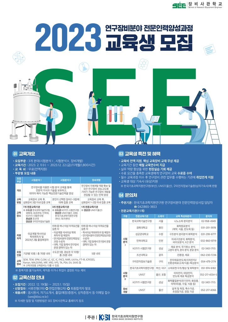 2023년 연구장비분야 전문인력양성과정 교육생 모집 안내 이미지입니다. 이미지의 내용은 아래의 첨부파일 : [붙임1]2023년 연구장비분야 전문인력양성과정 교육생 모집 공고문.hwp 파일에서 확인하실 수 있습니다.