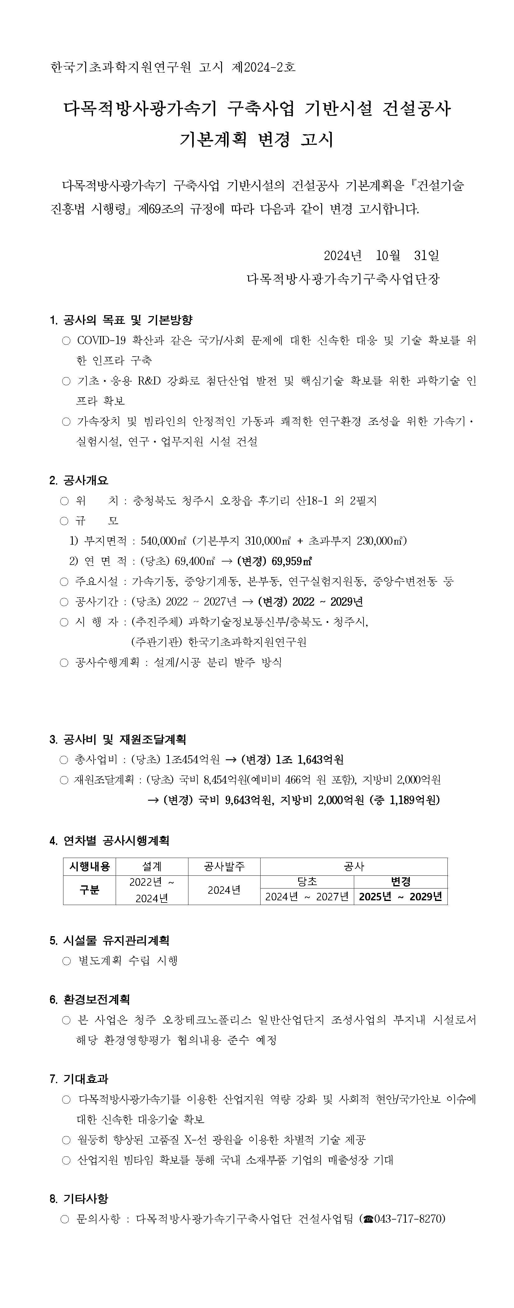 한국기초과학지원연구원 고시 제2024-2호 다목적방사광가속기 구축사업 기반시설 건설공사 기본계획 변경 고시 다목적방사광가속기 구축사업 기반시설의 건설공사 기본계획을 「건설기술 진흥법 시행령』 제69조의 규정에 따라 다음과 같이 변경 고시합니다. 2024년 10월 31일 다목적방사광가속기구축사업단장 1. 공사의 목표 및 기본방향 ○ COVID-19 확산과 같은 국가/사회 문제에 대한 신속한 대응 및 기술 확보를 위한 인프라 구축 ○ 기초·응용 R&D 강화로 첨단산업 발전 및 핵심기술 확보를 위한 과학기술 인프라 확보 ○ 가속장치 및 빔라인의 안정적인 가동과 쾌적한 연구환경 조성을 위한 가속기·실험시설, 연구·업무지원 시설 건설 2. 공사개요 ○ 위 치: 충청북도 청주시 오창읍 후기리 산18-1 외 2필지 ○ 규 모 1) 부지면적 : 540,000㎡ (기본부지 310,000㎡+ 초과부지 230,000㎡²) 2) 연면적: (당초) 69,400㎡→ (변경) 69,959 ㎡ ○ 주요시설 : 가속기동, 중앙기계동, 본부동, 연구실험지원동, 중앙수변전동 등 ○ 공사기간: (당초) 2022~2027년→ (변경) 2022 ~ 2029년 ○ 시행자: (추진주체) 과학기술정보통신부/충북도·청주시, (주관기관) 한국기초과학지원연구원 ○ 공사수행계획: 설계/시공 분리 발주 방식 3. 공사비 및 재원조달계획 ○ 총사업비 : (당초) 1조454억원→ (변경) 1조 1,643억원 ○ 재원조달계획 : (당초) 국비 8,454억원(예비비 466억 원 포함), 지방비 2,000억원 →(변경) 국비 9,643억원, 지방비 2,000억원 (중 1,189억원) 4. 연차별 공사시행계획 [시행내용 / 구분] [설계 / 2022년 ~ 2024년] [공사발주 / 2024년] [공사 / 당초 2024년~2027년 / 변경 2025년 ~ 2029년] 5. 시설물 유지관리계획 ○ 별도계획 수립 시행 6. 환경보전계획 ○ 본 사업은 청주 오창테크노폴리스 일반산업단지 조성사업의 부지내 시설로서 해당 환경영향평가 협의내용 준수 예정 7. 기대효과 ○ 다목적방사광가속기를 이용한 산업지원 역량 강화 및 사회적 현안/국가안보 이슈에 대한 신속한 대응기술 확보 ○ 월등히 향상된 고품질 X-선 광원을 이용한 차별적 기술 제공 ○ 산업지원 빔타임 확보를 통해 국내 소재부품 기업의 매출성장 기대 8. 기타사항 ○ 문의사항: 다목적방사광가속기구축사업단 건설사업팀(전화 043-717-8270)
