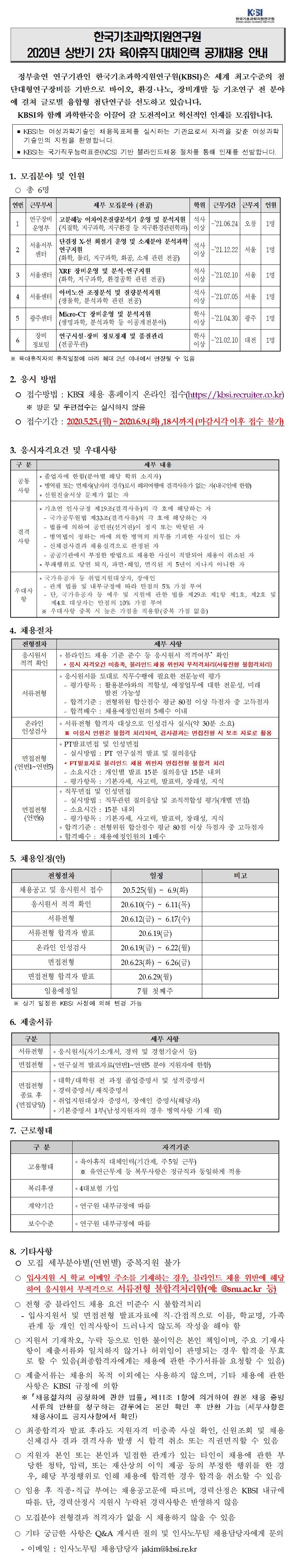 2020년 상반기 2차 육아휴직 대체인력 공개채용 - 자세한 내용은 붙임1_2020년 상반기 2차 육아휴직 대체인력 채용공고문.pdf 를 다운받아 확인해 주세요.