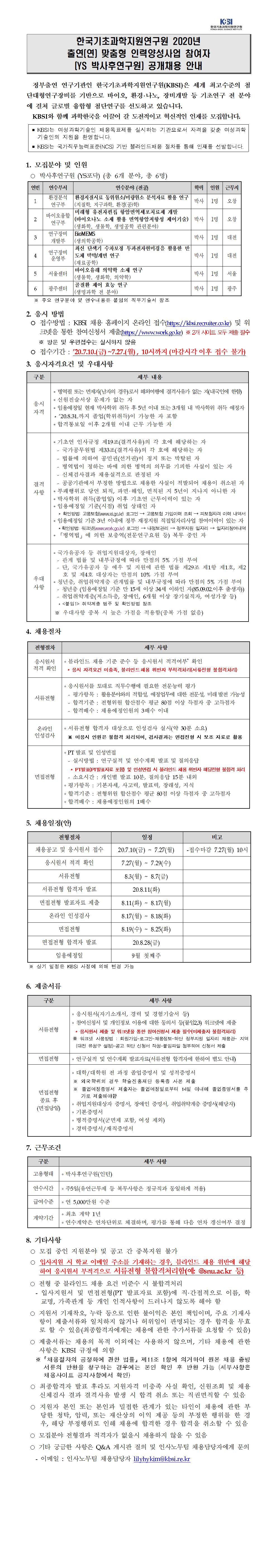 2020년 출연(연) 맞춤형 인력양성사업 참여자(YS박사후연구원) 공개 채용 - 자세한 내용은 2020년 하반기 연수직(YS 박사후연구원) 채용공고.pdf 를 다운받아 확인해 주세요.