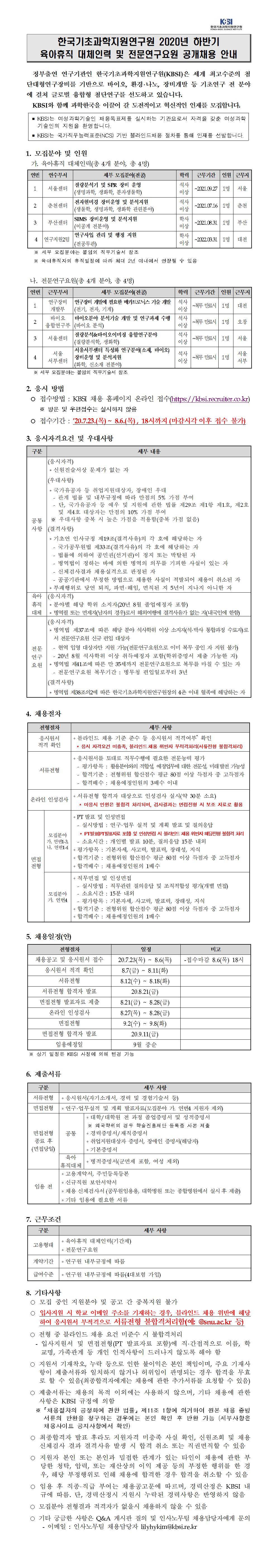 2020년 하반기 육아휴직 대체인력 및 전문연구요원 공개채용 - 붙임1_2020년 하반기 육아휴직 대체인력 직무기술서.pdf 를 다운받아 확인해 주세요.