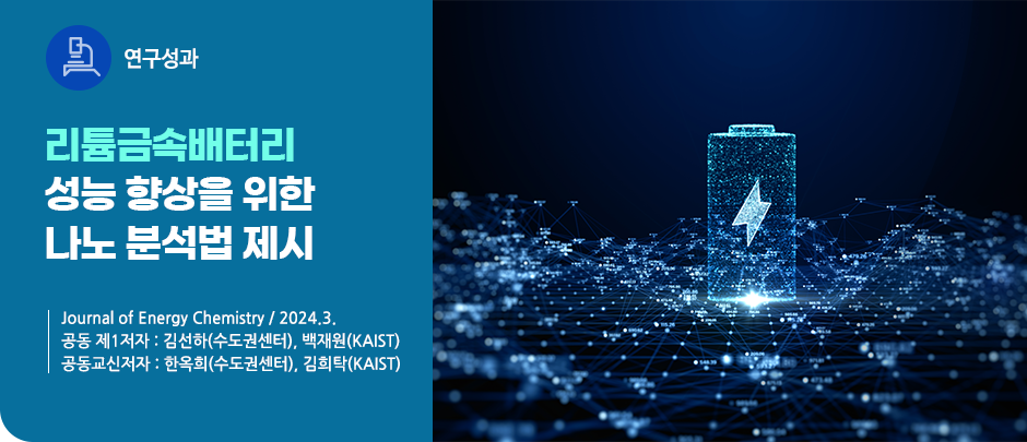 (연구성과) 리튬금속배터리 성능 향상을 위한 나노 분석법 제시
Journal of Energy Chemistry / 2024.3.
공동 제1저자 : 김선하(수도권센터), 백재원(KAIST)
공동교신저자 : 한옥희(수도권센터), 김희탁(KAIST)
