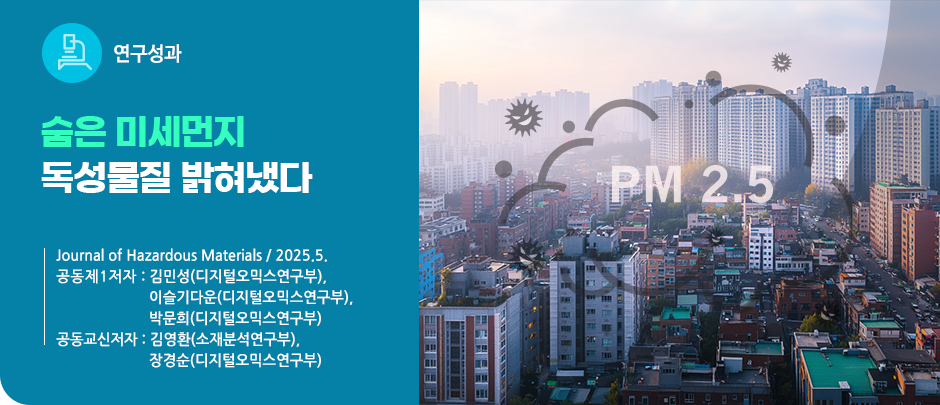 (연구성과) 숨은 미세먼지 독성물질 밝혀냈다
Journal of Hazardous Materials / 2025.5.
공동제1저자 : 김민성(디지털오믹스연구부), 이슬기다운(디지털오믹스연구부), 박문희(디지털오믹스연구부)
공동교신저자 :김영환(소재분석연구부), 장경순(디지털오믹스연구부)