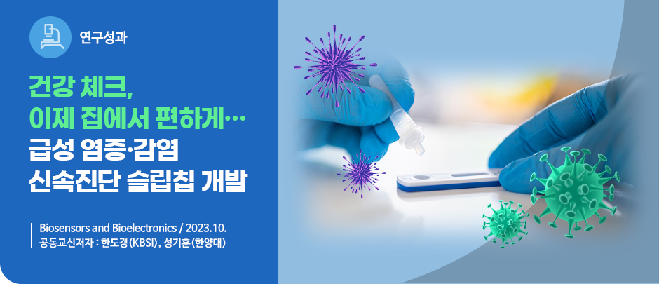 (연구성과) 건강체크, 이제 집에서 편하게...급성 염증·감염 신속진단 슬립칩 개발
Biosensors and Bioelectronics / 2023. 10.
공동교신저자 : 한도경(KBSI), 성기훈(한양대)