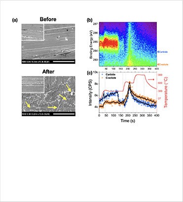 (a) Scanning Electron Microscopy images of carbon steel before and after heat treatment. (b) Contour plot of the C1s state spectrum measured during the heat treatment process of carbon steel. (c) Intensity profile corresponding to Carbide and C-solute in Figure 1-(b).