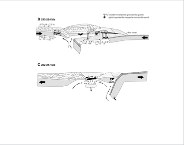 Figure 2. Schematic cartoons summarizing the Triassic tectonomagmatic evolution of the Korean Peninsula, with oxygen and hafnium isotopic compositions of mantle and crustal reservoirs.