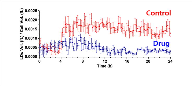 [Fig. 3] Quantitative analysis of time-lapse monitoring for volume of LDs/volume of cells every 15 min for 24 h in a living single foam cell.