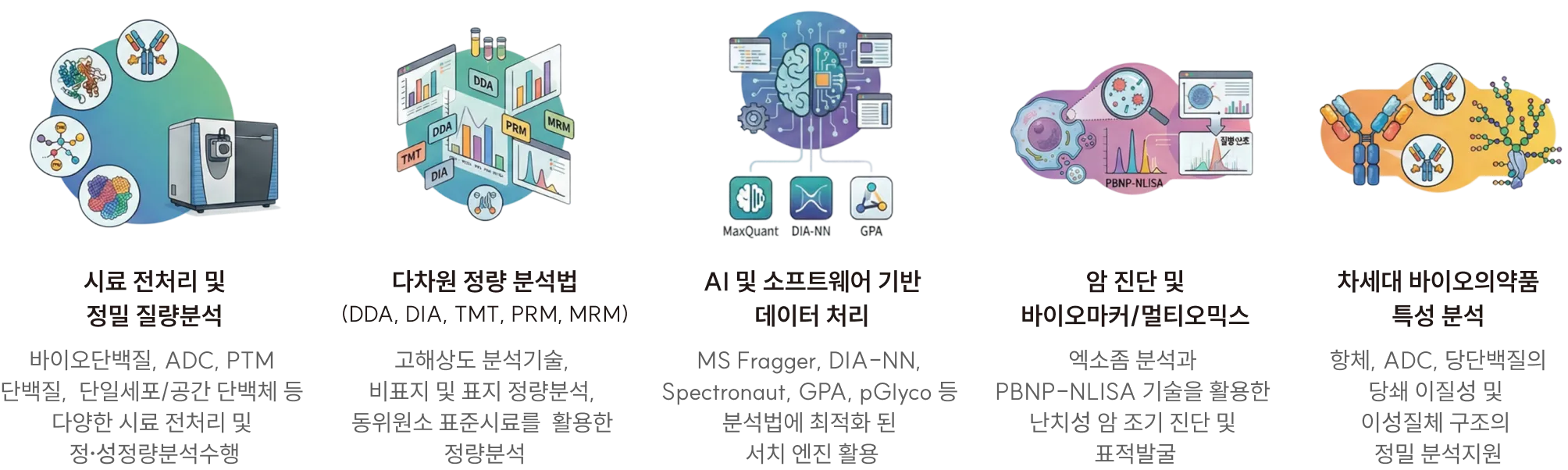 시료 전처리 및 정밀 질량분석-바이오단백질, ADC, PTM  단백질,  단일세포/공간 단백체 등  다양한 시료 전처리 및  정성〮정량분석수행 / 다차원 정량 분석법 (DDA, DIA, TMT, PRM, MRM) - 고해상도 분석기술,  비표지 및 표지 정량분석,  동위원소 표준시료를  활용한  정량분석 / AI 및 소프트웨어 기반 데이터 처리 - MS Fragger, DIA-NN,  Spectronaut, GPA, pGlyco 등  분석법에 최적화 된  서치 엔진 활용 / 암 진단 및 바이오마커/멀티오믹스 - 엑소좀 분석과  PBNP-NLISA 기술을 활용한  난치성 암 조기 진단 및  표적발굴 / 차세대 바이오의약품 특성 분석 - 항체, ADC, 당단백질의 당쇄 이질성 및  이성질체 구조의  정밀 분석지원